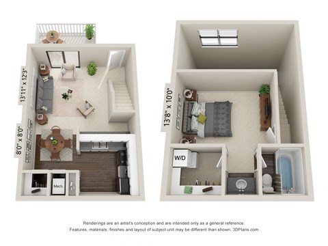 Floor plan for 1 bed, 1 bath, 667 sqft